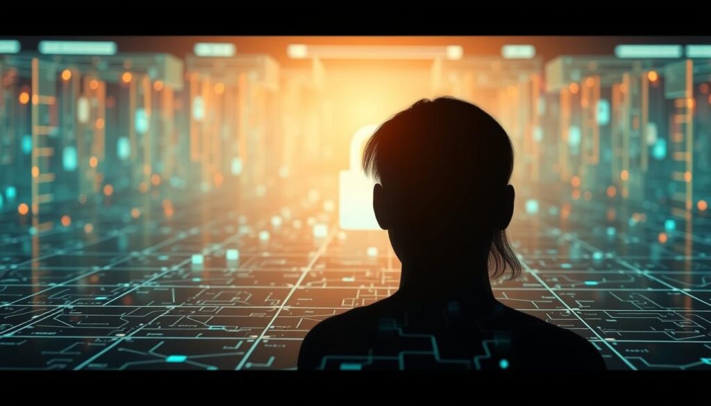 A serene and secure digital landscape, with a central focus on the silhouette of a person's head, symbolizing the importance of privacy and safety in the digital age. The background features a grid-like pattern of interconnected devices, representing the interconnected nature of modern technology. Soft, ambient lighting casts a warm glow, creating a sense of trust and reassurance. The overall composition conveys a harmonious balance between technology and the individual's right to privacy, emphasizing the critical importance of safeguarding personal information in the evolving digital sphere.