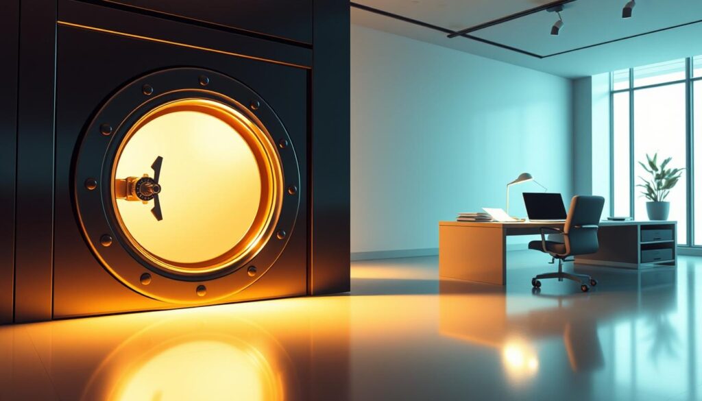 A serene and secure financial landscape with a focus on risk management. In the foreground, a pristine vault door stands as a symbol of safeguarding assets, its polished surface reflecting the gentle glow of warm lighting. In the middle ground, a meticulously organized desk showcases financial documents and a laptop, suggesting the diligent monitoring of transactions. The background depicts a tranquil, minimalist office setting, with clean lines and neutral tones that convey a sense of order and stability. The overall composition exudes an atmosphere of professionalism, attention to detail, and a steadfast commitment to protecting financial resources.