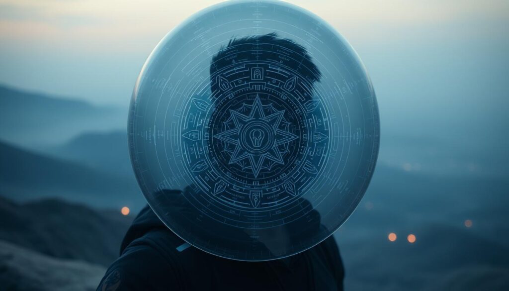 A serene and secure gaming haven, with a player shielded by a translucent dome of digital security. The foreground features the player, their face obscured, but their determined stance conveys a sense of protection. The middle ground showcases intricate patterns and symbols, representing the layers of safeguards surrounding the player. In the background, a subdued, calming landscape sets the scene, evoking a sense of tranquility and safety. Soft, diffused lighting casts a warm, comforting glow, while the camera angle suggests an elevated, bird's-eye view, conveying a sense of oversight and care. The overall composition emphasizes the player's safety and the robust measures in place to safeguard their gaming experience.