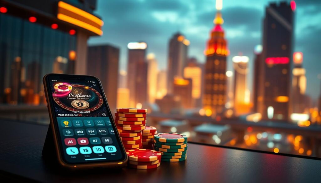 A serene and secure online casino environment, bathed in a warm, inviting glow. In the foreground, a mobile device displaying a well-designed gambling app, its interface exuding trustworthiness and transparency. In the middle ground, a stack of casino chips, symbolizing the fair and regulated nature of the online gaming experience. The background features a cityscape with towering skyscrapers, conveying a sense of urban sophistication and technological advancement. The overall atmosphere emanates a feeling of safety, reliability, and cutting-edge innovation, reflecting the importance of online gambling security.