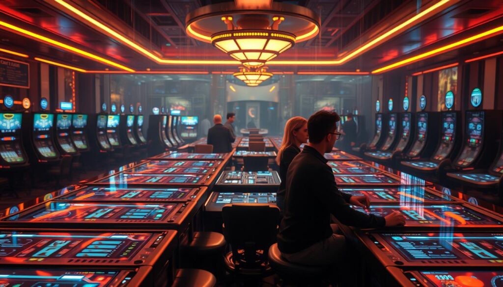 A serene and secure online casino environment, bathed in warm light and a sense of trust. In the foreground, an array of digital gaming tables, each with a crisp, high-resolution display showcasing fair and transparent gameplay. Subtle security features, such as encrypted data flows and tamper-evident seals, blend seamlessly into the design. In the middle ground, players engage with the games, their faces calm and focused, exuding a sense of safety and confidence. The background reveals a sleek, modern interface, intuitive navigation, and a comprehensive suite of player protection measures, all working in harmony to create a safe and enjoyable online gambling experience.