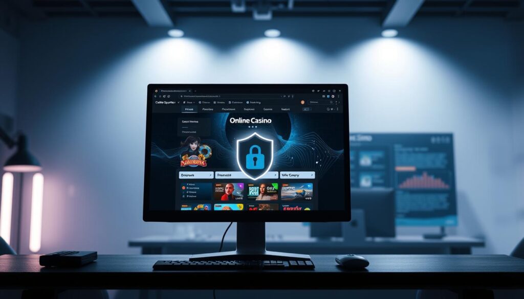 A serene and secure online casino environment featuring a sleek, modern interface. In the foreground, a desktop computer displaying a casino website with clean, intuitive navigation and robust security measures. The middle ground showcases encrypted data transfer, firewalls, and VPN connections, emphasizing the platform's commitment to safeguarding personal information. The background depicts a tranquil, minimalist office setting, conveying a sense of professionalism and trustworthiness. Soft, directional lighting illuminates the scene, creating a subtle, high-end ambiance. The overall composition exudes a tone of digital safety, privacy, and reliability, befitting the subject of the article's section on online casino security and data protection.