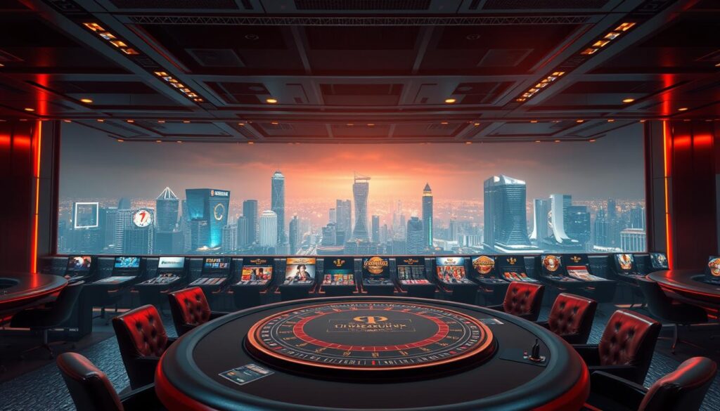 A serene and secure online casino environment, with a sleek and sophisticated design. The foreground features a central gaming table, bathed in warm lighting and surrounded by plush leather chairs. The middle ground showcases an array of classic casino games, each with a polished, inviting interface. In the background, a panoramic view of a modern, well-lit cityscape sets the stage, conveying a sense of urban glamour and safety. The overall atmosphere exudes a balance of excitement and trustworthiness, creating an alluring yet responsible gaming experience for discerning Taiwanese players.
