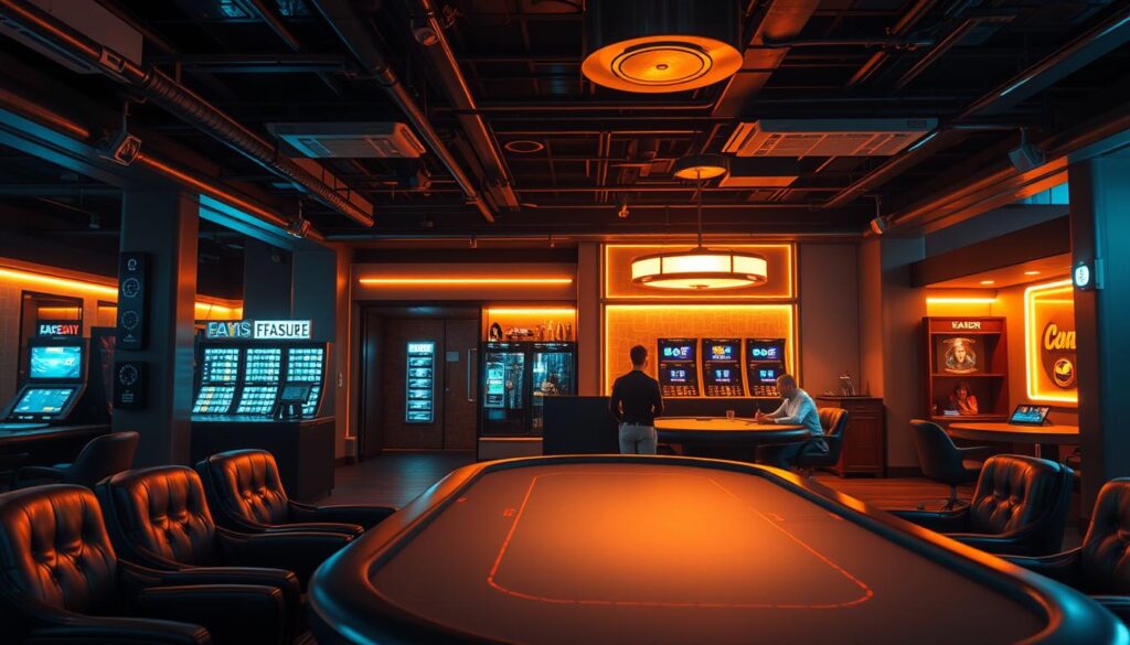 A serene and secure online casino environment, with players immersed in a stylish and well-lit interior. The scene features a sleek, modern gaming table at the center, surrounded by plush seating and elegant décor. Warm lighting casts a inviting glow, conveying a sense of trust and safety. In the background, discreet security measures, such as surveillance cameras and access controls, are subtly integrated into the design, ensuring a seamless and protected gaming experience. The overall atmosphere exudes a refined and trustworthy ambiance, capturing the importance of safety and security for the discerning online casino player.