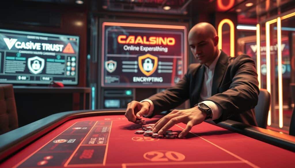 A serene and secure online casino environment. A sleek, high-tech interface with a polished user experience exuding trust and reliability. Discreet security measures and encryption protocols in the background, ensuring the protection of sensitive player data. Warm lighting and subtle branding create an atmosphere of professionalism and legitimacy. A virtual table game in the foreground, with players' hands confidently handling their chips, showcasing the platform's fairness and trustworthiness. The scene conveys a sense of safety, transparency, and a seamless, enjoyable gaming experience for discerning online casino enthusiasts.