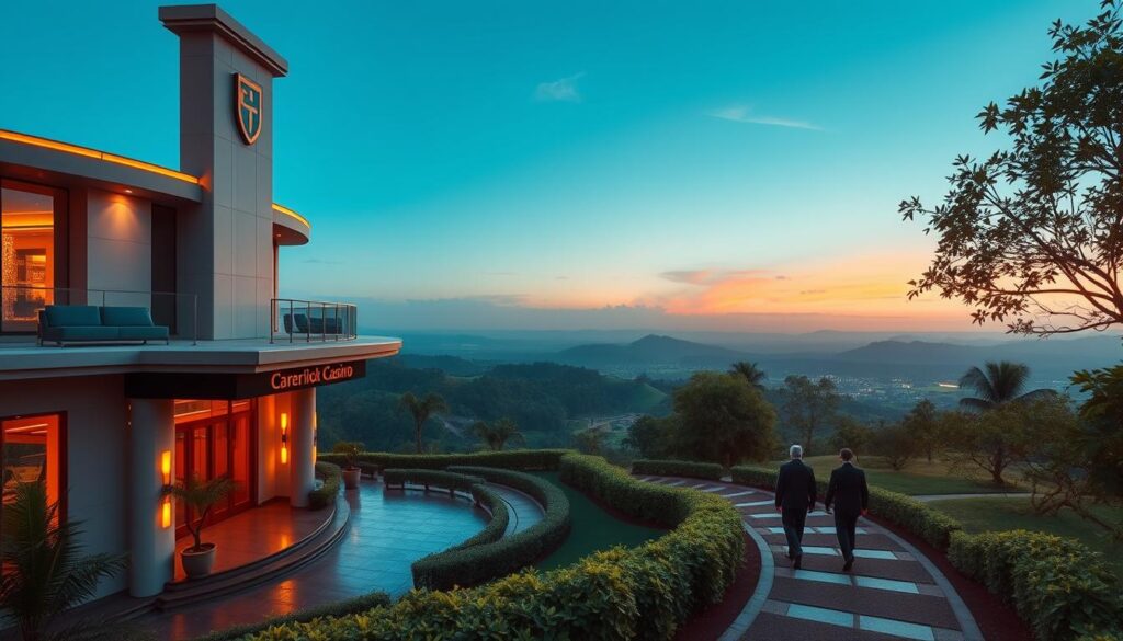A serene and secure online casino nestled in a lush, verdant landscape. The foreground showcases the casino's sleek, modern architecture, with clean lines and warm lighting casting a welcoming ambiance. In the middle ground, well-dressed patrons stroll along manicured paths, exuding a sense of comfort and safety. The background features a panoramic view of rolling hills and a azure sky, creating a tranquil, picturesque setting. The overall scene conveys an atmosphere of trust, reliability, and responsible gambling, inviting players to enjoy a refined, worry-free gaming experience.