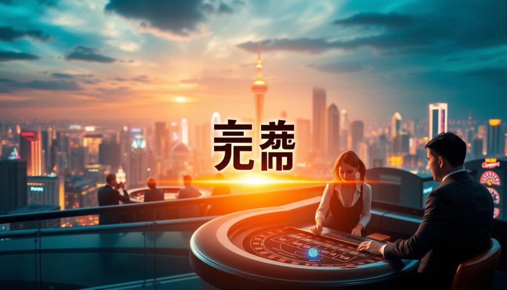 A serene and secure online casino set against a backdrop of a vibrant city skyline. In the foreground, a stylized logo of "安全娛樂城" shines with a warm, inviting glow, conveying a sense of trust and reliability. The middle ground features a group of well-dressed patrons engaged in various casino games, their faces reflecting the excitement and satisfaction of a safe and enjoyable gaming experience. The background showcases a panoramic view of the city's distinct architectural elements, bathed in a soft, golden light that creates a sophisticated and elegant ambiance. The overall scene exudes a sense of sophistication, security, and responsible entertainment.
