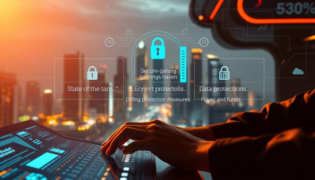 A serene and secure online gambling haven, bathed in warm lighting. In the foreground, a user's hands carefully navigating a sleek, high-tech interface, radiating trust and safety. The middle ground showcases state-of-the-art encryption protocols and data protection measures, conveying the platform's commitment to safeguarding player privacy and funds. In the background, a cityscape of gleaming skyscrapers symbolizes the casino's solid reputation and unwavering reliability. The overall atmosphere exudes a sense of tranquility and confidence, inviting players to immerse themselves in a thrilling yet responsible gaming experience.