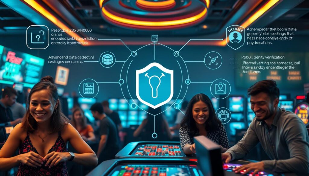 A serene and secure online gaming hub, with a strong emphasis on player safety. The foreground depicts a group of smiling, satisfied gamblers engrossed in various casino-style games, conveying a sense of trust and enjoyment. The middle ground showcases advanced security protocols, such as encrypted data transmission and robust identity verification, ensuring the privacy and protection of sensitive player information. The background features a sleek, modern interface with intuitive navigation, reflecting the seamless and user-friendly experience. Warm, ambient lighting and a muted color palette create a welcoming and trustworthy atmosphere, inviting players to explore the secure and reliable world of online entertainment.