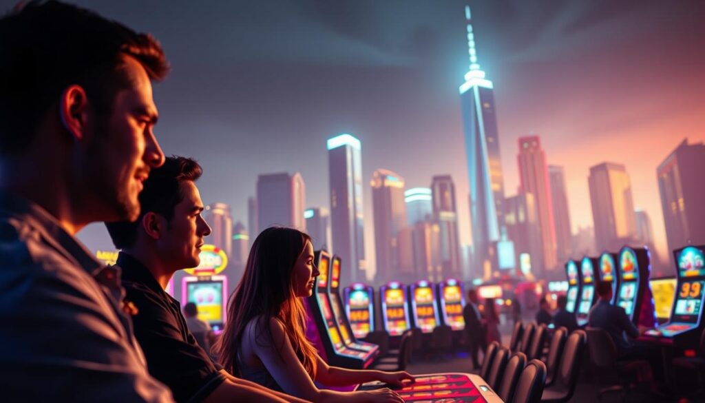 A serene and secure online gaming platform, with a sleek and modern interface. The foreground showcases a group of players engaged in a thrilling casino game, their faces lit by the warm glow of the screen. In the middle ground, a series of virtual slot machines and table games stand ready to be explored. The background features a cityscape of towering skyscrapers, reflecting the sophistication and reliability of the platform. The lighting is soft and inviting, creating an atmosphere of trust and enjoyment. The camera angle is slightly elevated, providing a panoramic view of the comprehensive gaming experience. The overall impression is one of a safe, reliable, and immersive online entertainment destination.