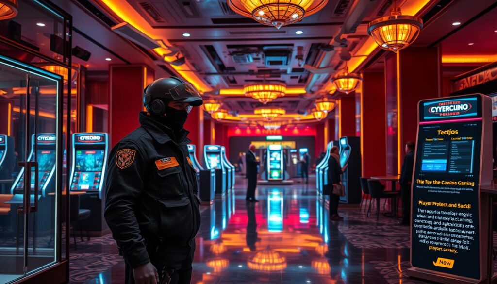 A serene and sophisticated online casino lobby, bathed in warm lighting and elegant decor. A security guard stands vigilant by the entrance, ensuring the safety of patrons. In the background, discreet security cameras monitor the activities, while an IT technician oversees the robust cybersecurity measures. The atmosphere exudes a sense of trust and professionalism, instilling confidence in the player's personal and financial security. Strategically placed informational kiosks highlight the casino's commitment to responsible gaming and player protection policies. The overall scene conveys the online casino's dedication to providing a secure and enjoyable gaming experience.