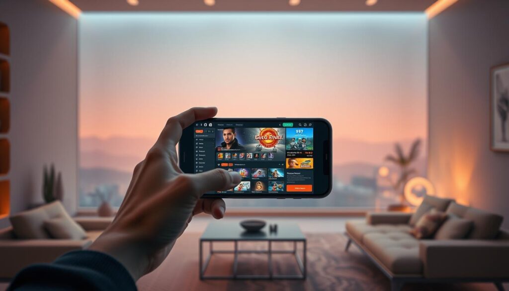 A serene and tranquil Taiwanese gaming environment, where a player's trust is the foundation. In the foreground, a hand gently interacts with a mobile device, seamlessly navigating an online casino interface. The middle ground features a minimalist, well-designed gaming platform, conveying a sense of reliability and professionalism. In the background, a warm, soft-lit landscape sets the stage, evoking the comfort and familiarity of home. Subtle details, such as sleek modern furniture and calming natural elements, contribute to an atmosphere of trust and security. The overall composition captures the essence of the Taiwanese player's confidence in the online entertainment industry.