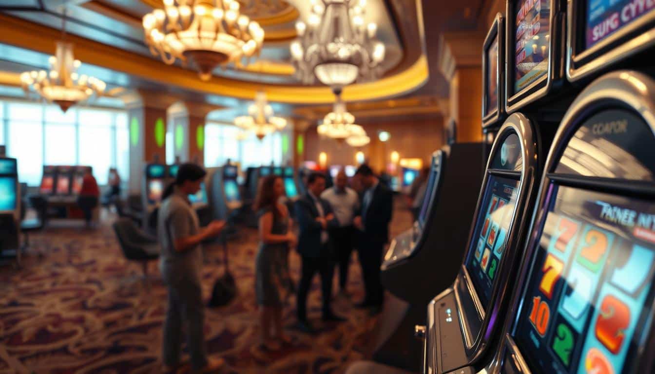 A serene and tranquil casino resort setting, with a focus on the importance of the jackpot prize. In the foreground, a close-up of a slot machine, its reels spinning with a sense of anticipation and potential. The middle ground features a group of patrons gathered around the machine, their expressions a mix of excitement and concentration. In the background, the luxurious casino interior unfolds, with ornate chandeliers, plush carpets, and a warm, golden lighting that creates a welcoming atmosphere. The overall scene conveys the thrill and allure of the casino experience, highlighting the significance of the coveted jackpot prize as the central focus.