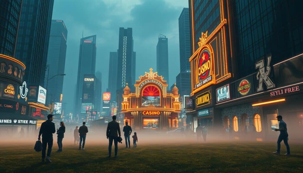 A serene and tranquil landscape, set in the heart of a bustling entertainment district. In the foreground, a group of people engaged in lively discussions, mindful of the potential risks associated with gambling. The middle ground features a well-designed casino facade, its lights and architectural details subtly hinting at the temptations within. In the background, a cityscape of towering skyscrapers and bustling streets, conveying the sense of a vibrant urban environment. The lighting is soft and warm, creating an inviting atmosphere, yet the overall mood is one of caution and responsible decision-making. The scene is captured through a wide-angle lens, providing a comprehensive view of the setting and the various elements that contribute to the theme of "娛樂城風險防範".
