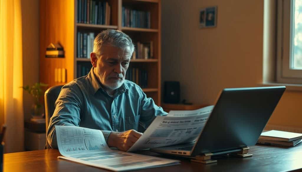 A serene and tranquil scene of a person carefully managing their online gaming risk. A middle-aged man sits at a wooden desk, poring over financial statements and risk analysis reports, his face exuding a thoughtful, contemplative expression. The warm, diffused lighting from a nearby window bathes the scene in a soft, golden glow, creating a sense of calm and focus. In the background, a bookshelf filled with gaming strategy guides and finance books hints at the depth of knowledge required for effective risk management. The overall atmosphere conveys a sense of control, discipline, and responsible decision-making - essential qualities for navigating the thrills and challenges of online gaming.