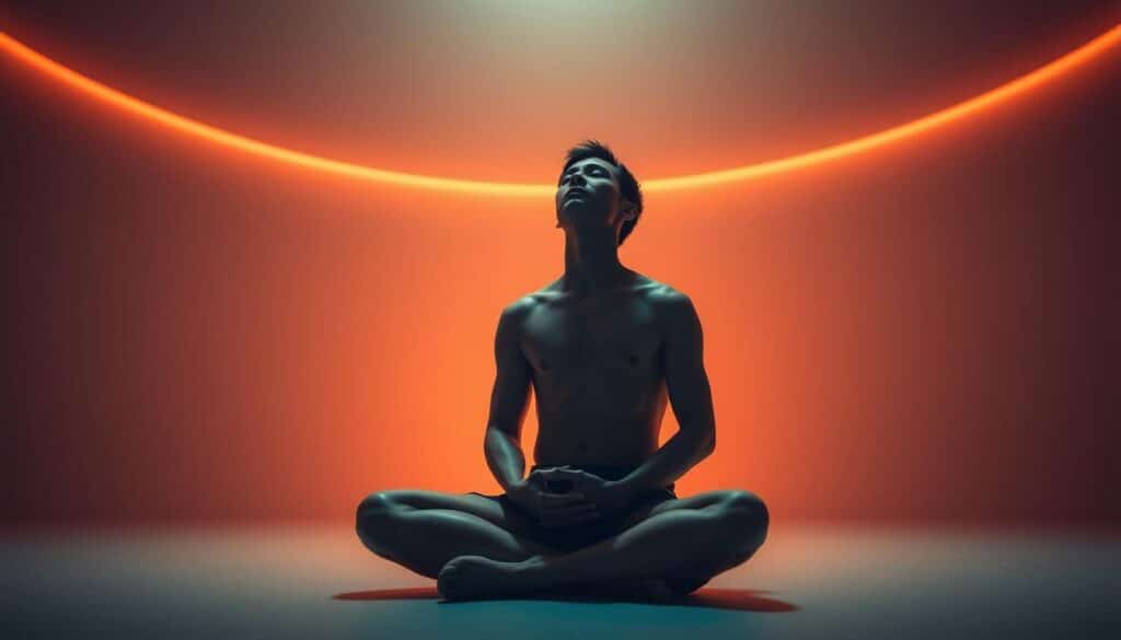 A serene and well-balanced individual sitting cross-legged, their eyes closed in deep contemplation. The figure is bathed in soft, warm lighting that creates a calming, introspective atmosphere. The background is a minimalist, zen-inspired setting with clean lines and muted tones, emphasizing the tranquility and focus of the person. The overall composition conveys a sense of emotional control, mindfulness, and inner peace - qualities essential for navigating the psychological challenges of high-stakes poker.