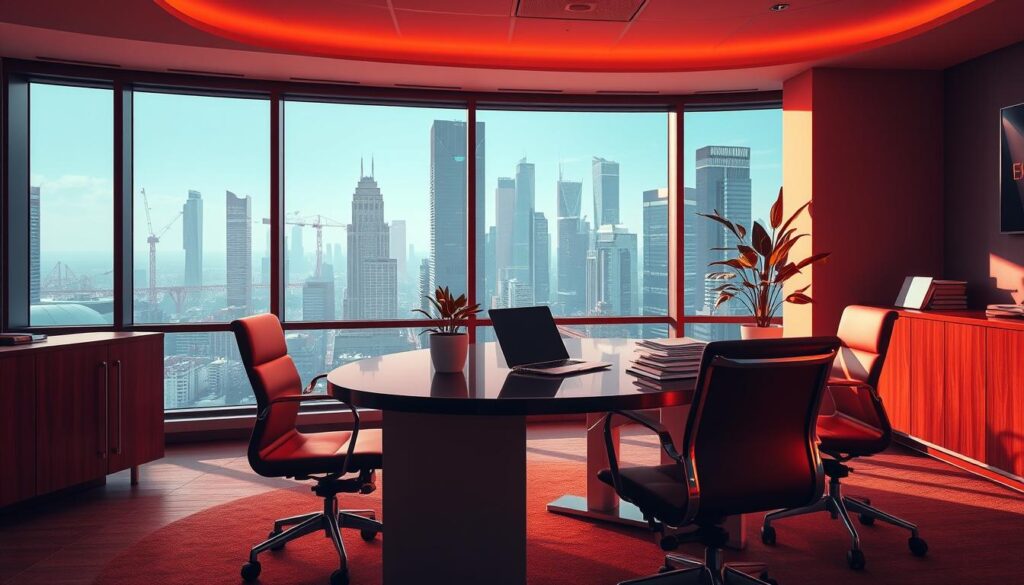 A serene and well-lit office setting, with a curved desk and modern chairs. On the desk, a laptop and a stack of papers, symbolizing the research process. The background features a large window overlooking a cityscape, with skyscrapers in the distance, suggesting the urban landscape of an entertainment city. Warm, natural lighting fills the room, creating a productive and focused atmosphere. A strategically placed potted plant adds a touch of greenery, complementing the professional yet inviting ambiance. The overall composition conveys the idea of diligent keyword research, a crucial aspect of Search Engine Optimization (SEO) for an entertainment city website.