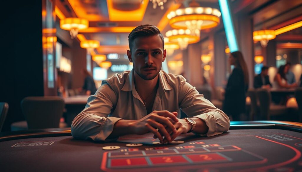 A serene baccarat player, seated at a sleek casino table, maintains a tranquil expression amidst the vibrant lights and activity. Warm, natural illumination casts a calming glow, capturing the player's focused yet composed demeanor. The table's surface reflects the surrounding opulence, while the background fades into a soft, atmospheric blur, emphasizing the player's centered presence. Subtle details, such as the player's steady hands and unwavering gaze, convey a sense of emotional control and strategic mastery. The image radiates a sense of poise and discipline, embodying the essence of maintaining emotional composure in the thrilling world of baccarat.
