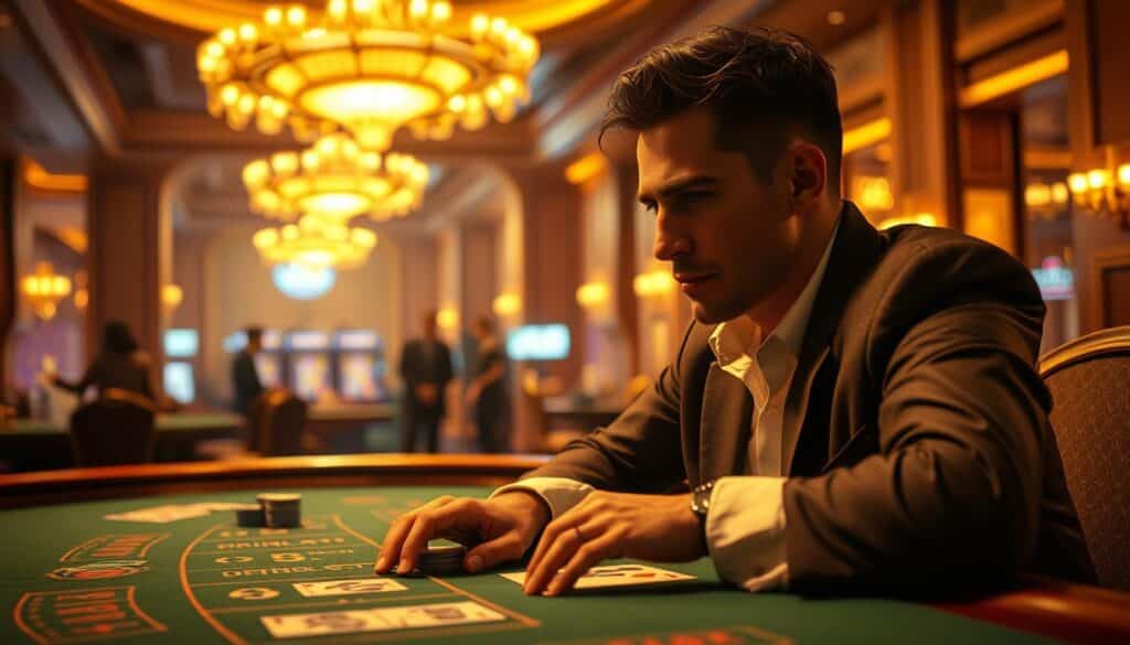 A serene casino interior, bathed in warm, golden light. In the foreground, a pensive gambler sits at a baccarat table, lost in thought, fingertips resting on the green felt. Subtle expressions of concentration and hesitation play across their face, capturing the psychological tension and decision-making process that underscores the game. The middle ground reveals the table's layout, chips, and cards, hinting at the complex interplay of chance and strategy. In the background, the casino's opulent decor and the hushed yet electric atmosphere create a sense of anticipation and high-stakes excitement. The overall mood evokes the delicate balance between logic, emotion, and the unpredictable nature of chance that defines the baccarat experience.