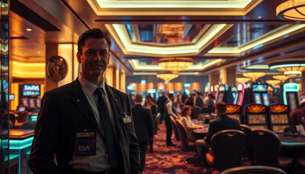 A serene casino interior with warm lighting and sleek, elegant decor. The foreground features a security guard standing vigilantly at the entrance, conveying a sense of safety and trustworthiness. In the middle ground, patrons are engaged in various casino games, their faces exuding confidence and satisfaction. The background showcases a panoramic view of the casino floor, with well-maintained gaming tables and attentive staff, all contributing to an atmosphere of reliability and responsible gambling.