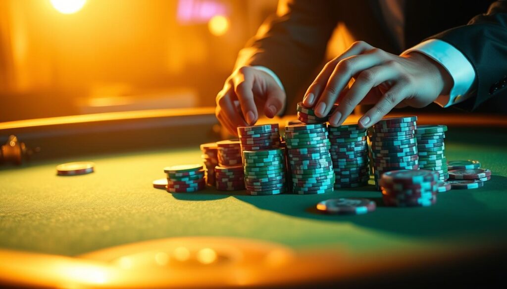 A serene casino table bathed in warm, golden lighting, the green felt surface reflecting the glow. Stacks of poker chips in various denominations sit neatly arranged, their translucent colors subtly shifting. A pair of hands carefully arranges the chips, meticulously planning their strategic placement. The background is softly blurred, placing the focus on the calculated movements of the chips, symbolizing the optimal chip management techniques. The mood is one of concentration and control, hinting at the expertise required to navigate the thrilling world of baccarat.