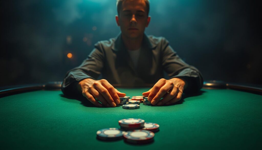 A serene casino table, softly lit from above, the green felt surface glistening. In the foreground, a pair of hands thoughtfully move casino chips, the player's face obscured, deep in contemplation. Surrounding the table, a hazy atmosphere, shadows playing across the walls, creating an air of mystery and introspection. The lighting casts a warm, almost meditative glow, hinting at the psychological factors at play - the decision-making process, the control of emotions, the strategies unfolding. This image conveys the profound influence of the mind on the outcome of a game of baccarat, a visual exploration of the delicate balance between logic and intuition.