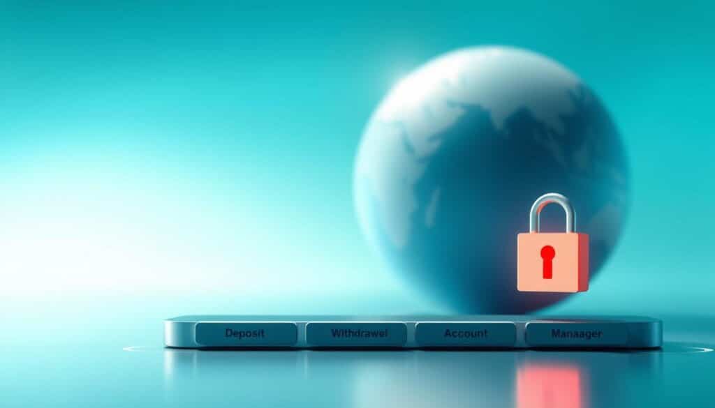 A serene digital security scene featuring a secure online payment process. In the foreground, a minimalist interface with a lock icon and sleek buttons for deposit, withdrawal, and account management. The middle ground showcases a 3D globe, subtly suggesting the global reach and accessibility of the secure transaction system. The background depicts a soft, blurred gradient in shades of blue and green, creating a calming, trustworthy atmosphere. Crisp lighting from the side highlights the clean lines and subtle textures, conveying a sense of professionalism and reliability. The overall composition strikes a balance between functionality and aesthetic appeal, reflecting the secure and user-friendly nature of the "充值保護措施."