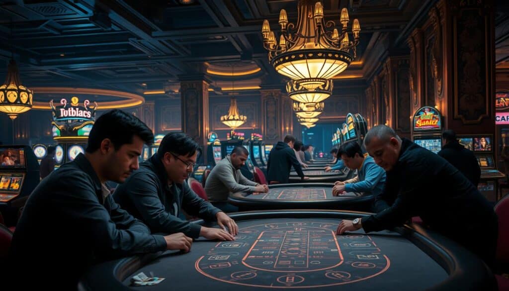 A serene, dimly lit casino interior, with a focus on the gaming tables and strategy-minded players. The tables are illuminated by soft, warm lighting, casting a cozy glow over the scene. In the foreground, a group of players leans intently over the table, their expressions intense as they ponder their next move. The middle ground features other gaming stations, with a mix of focused players and attentive dealers. The background showcases the grandeur of the casino, with ornate architectural details and hints of luxury. An atmosphere of quiet contemplation and strategic thinking pervades the image, capturing the essence of the importance of gaming strategy in the online casino experience.