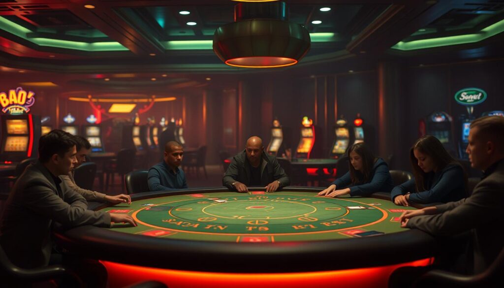 A serene, dimly-lit casino interior, with a prominent baccarat table in the center. The table is illuminated by a warm, amber-toned light, casting a soft glow on the green felt surface. Around the table, players are seated, their faces cast in a contemplative expression as they carefully consider their next move. The background is slightly blurred, with the faint outlines of other gaming tables and slot machines visible in the distance. The overall atmosphere is one of strategic focus and anticipation, inviting the viewer to immerse themselves in the optimal baccarat betting positioning.
