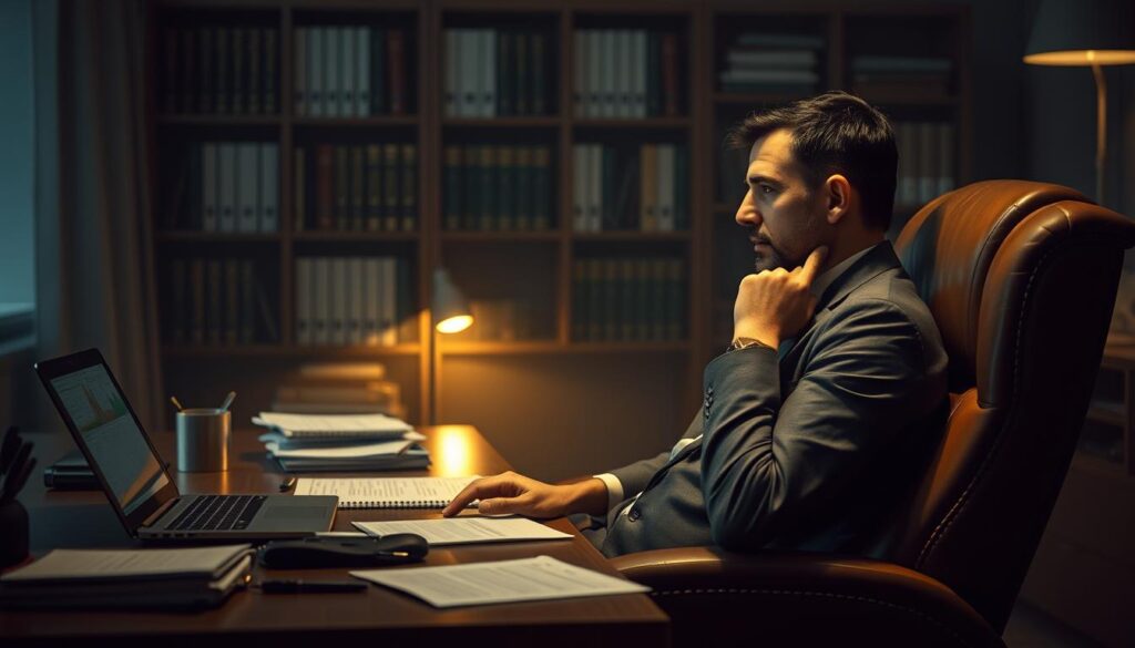 A serene, dimly lit office setting with a wooden desk, a laptop, and financial documents neatly arranged. A contemplative businessman sits in a plush leather chair, deep in thought, carefully weighing investment options and risk management strategies. Soft, warm lighting casts an introspective glow, creating an atmosphere of focused concentration. In the background, a bookshelf filled with financial volumes and analytical tools hints at the depth of knowledge and experience guiding the decision-making process. The scene conveys a sense of careful deliberation, responsible resource allocation, and the pursuit of prudent, long-term financial success.