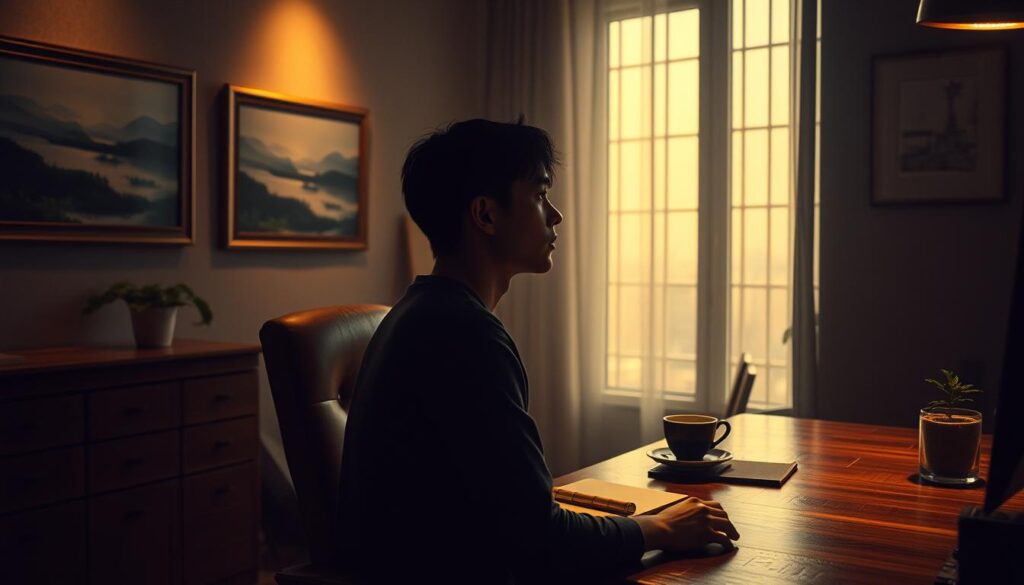 A serene, dimly lit office space with a wooden desk and plush leather chair. On the desk, a cup of tea, a journal, and a small potted plant. The walls are adorned with soothing landscape paintings, casting a warm glow. In the foreground, a person sits in contemplation, their expression one of focus and tranquility. Soft, diffused lighting filters through large windows, creating a sense of calm and introspection. The overall atmosphere evokes a feeling of mindful, disciplined self-reflection - the essence of effective "心態管理".