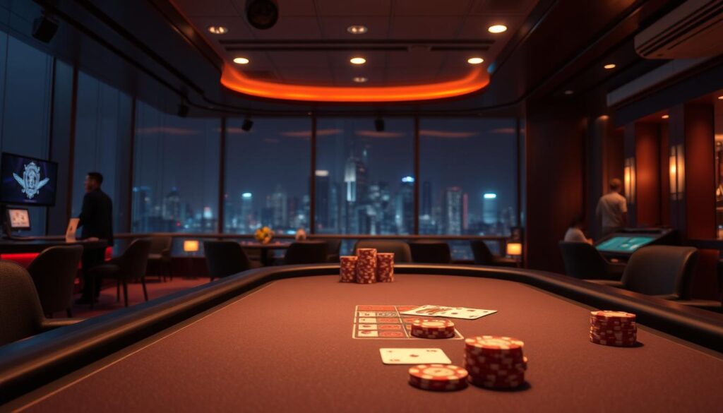 A serene, dimly lit online casino lobby with a warm, inviting atmosphere. The foreground features a sleek, modern gaming table with elegant chips and cards, conveying a sense of trust and security. In the middle ground, discreet security measures like surveillance cameras and security personnel subtly reinforce the casino's commitment to player safety. The background depicts a panoramic view of the city skyline, reflecting the casino's integration within the urban landscape and its accessibility to players. The lighting is soft and atmospheric, creating a sense of luxury and exclusivity. The overall composition exudes an aura of professionalism, trustworthiness, and a premium gaming experience.