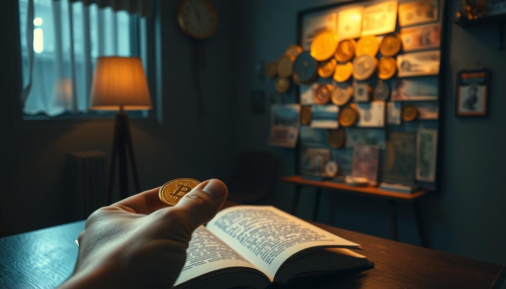 A serene, dimly lit room with a sense of contemplation and focus. In the foreground, a hand holds a single golden coin, its surface glistening under the warm, gentle lighting. The middle ground features an open book, its pages filled with handwritten notes and insights. In the background, a wall-mounted display showcases a collection of diverse currency, each representing a unique journey of financial success. The overall atmosphere evokes a sense of discovery, as if the viewer is privy to the secrets of wealth and prosperity.