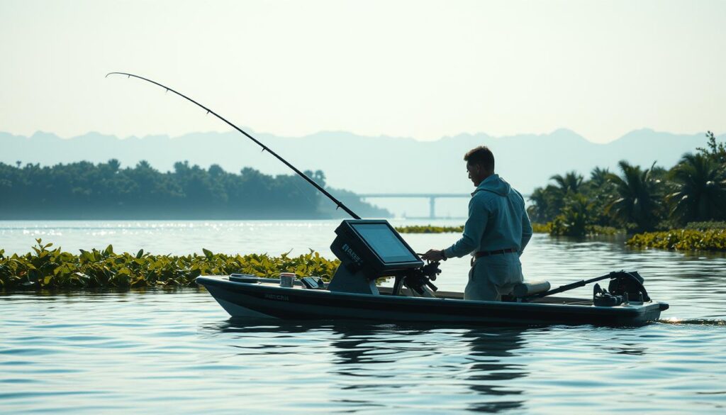 A serene fishing scene set in a tranquil lagoon. In the foreground, a skilled fisherman skillfully operates a high-tech fishing machine, delicately maneuvering the controls and monitoring the display for the optimal catch. The middle ground features a picturesque landscape, with lush foliage framing the calm waters. Soft, diffused lighting illuminates the scene, creating a peaceful, almost meditative atmosphere. The background showcases a stunning panoramic view of the surrounding environment, perhaps a distant mountain range or a cloudless sky. The overall composition emphasizes the harmony between man, machine, and nature, capturing the essence of mastering the art of fishing machine techniques.