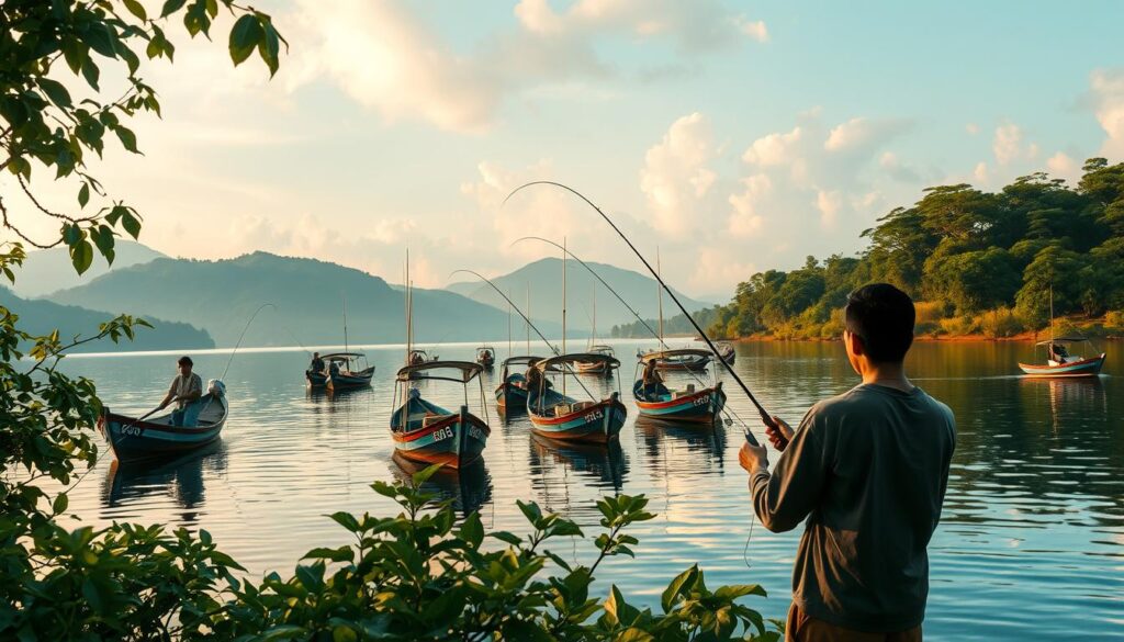 A serene fishing scene unfolds on a tranquil lake, surrounded by lush, verdant foliage. In the foreground, a group of determined anglers casts their lines, their faces etched with concentration as they wait patiently for the telltale tug of a catch. The middle ground features a fleet of traditional Taiwanese fishing boats, their vibrant colors and intricate designs reflected in the still waters. In the background, rolling hills and a softly clouded sky create a sense of depth and atmosphere, bathing the entire scene in a warm, golden glow. The overall composition evokes a sense of traditional Taiwanese culture, the thrill of the hunt, and the peaceful coexistence of man and nature.
