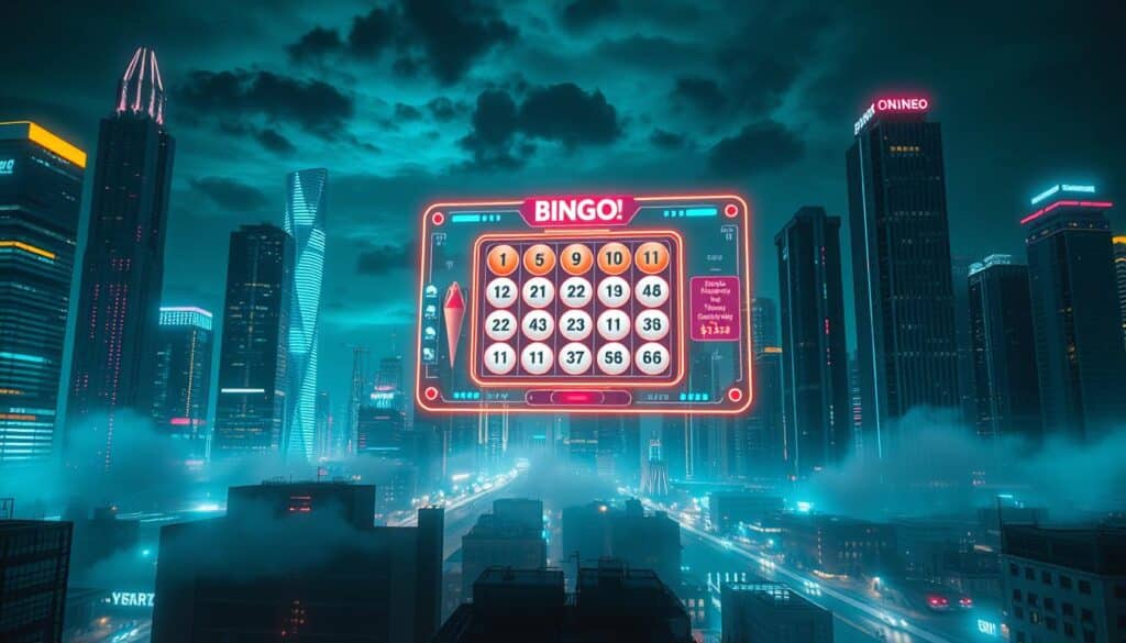 A serene, futuristic cityscape at night, with glowing skyscrapers and a vibrant online bingo game interface projected onto the sky. Neon lights and holographic elements create a dynamic, technologically-advanced atmosphere. The game interface showcases the evolution of online bingo, featuring sleek, intuitive controls and a visually captivating layout that reflects the growing popularity and sophistication of this digital entertainment. Soft, directional lighting illuminates the scene, casting long shadows and highlighting the interplay between the physical and digital realms. The overall composition conveys the seamless integration of traditional bingo with cutting-edge digital technologies, hinting at the exciting possibilities and continued development of this interactive online gaming experience.