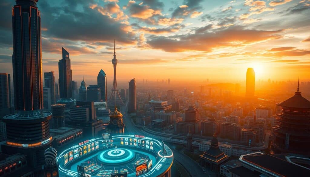 A serene, futuristic cityscape with towering skyscrapers and neon-lit towers, bathed in a warm, golden glow of sunset. In the foreground, a bustling, holographic display showcases an array of virtual casino games, inviting the viewer to explore the thrilling world of online entertainment. The middle ground is filled with a mix of traditional and modern architecture, blending seamlessly to create a sense of technological advancement. In the background, a distant skyline stretches out, hinting at the vast, interconnected nature of the online gaming industry. The overall atmosphere is one of excitement, innovation, and a touch of mystery, capturing the essence of what it means to experience "線上娛樂城定義".