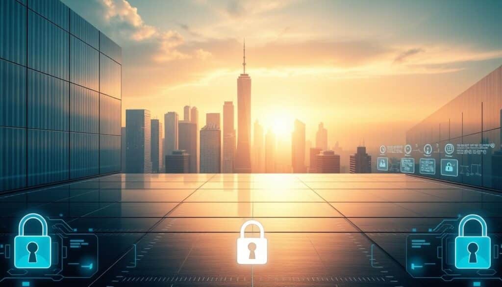 A serene, futuristic platform against a backdrop of a sleek, ultramodern city skyline. The platform is made of gleaming, highly reflective metal paneling, conveying a sense of strength and security. Soft, diffused lighting emanates from beneath the platform, casting a warm glow. In the foreground, various security icons, such as lock symbols and authentication interfaces, are seamlessly integrated into the design, emphasizing the platform's advanced safety features. The overall atmosphere is one of cutting-edge technology, efficiency, and robust data protection.