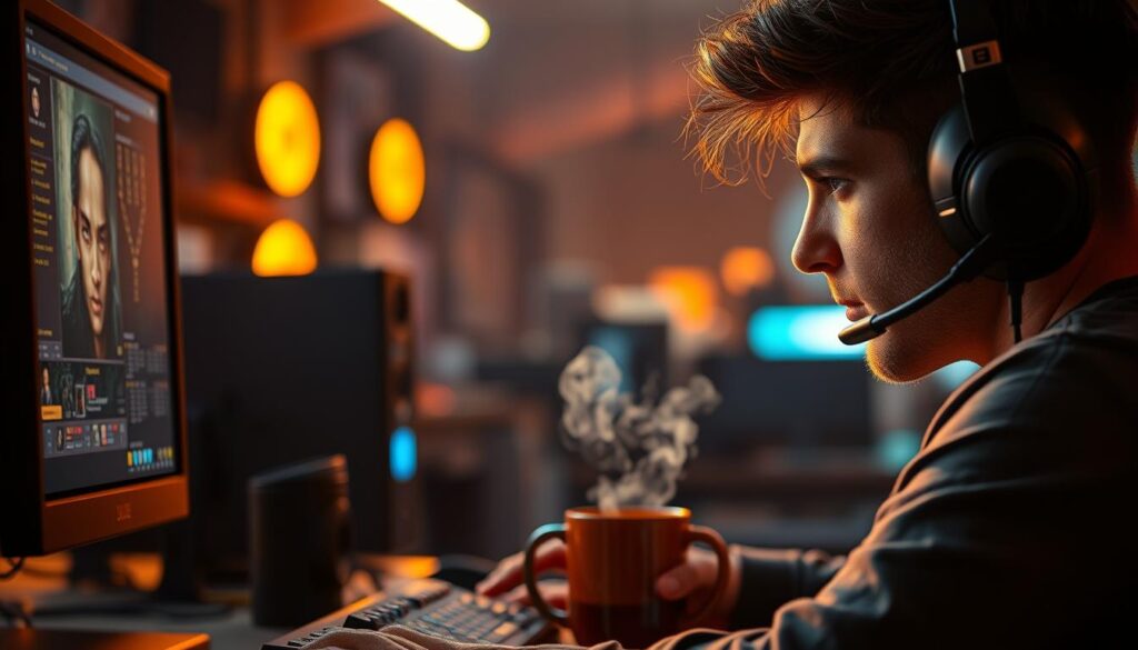 A serene gamer's workspace, bathed in warm lighting, with a desktop computer, gaming headset, and a mug of steaming beverage. The focal point is the player's face, reflecting a range of emotions - concentration, frustration, excitement - as they navigate the online game's challenges. The background blurs, emphasizing the player's immersive experience. The overall atmosphere conveys the nuanced emotional landscape of online gaming - the thrill, the tension, the sense of flow and escape.