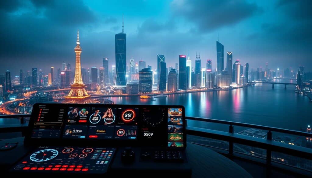 A serene, high-contrast image of a modern online casino interface. The foreground features a sleek, minimalist dashboard with intuitive controls and live game statistics. The middle ground showcases a selection of popular casino games, each with vibrant, high-definition graphics. In the background, a panoramic view of a glittering cityscape at night, with towering skyscrapers and neon lights reflected in the calm, dark waters of a river. The overall atmosphere is one of sophistication, excitement, and technological advancement, inviting the viewer to immerse themselves in the thrilling world of online entertainment.