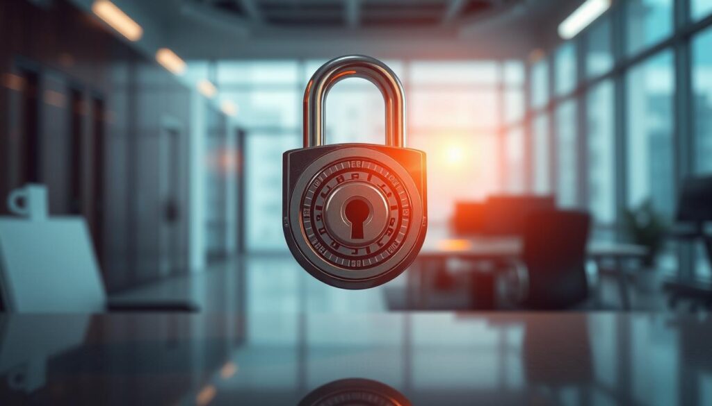 A serene, high-resolution image of a secure digital lock system against a blurred backdrop of a sleek modern office interior. The lock is rendered in gleaming metal with intricate mechanical details, casting warm reflections in the soft, directional lighting. The scene conveys a sense of stability, reliability, and trust, with a minimalist aesthetic that aligns with the professionalism of the online gaming platform.