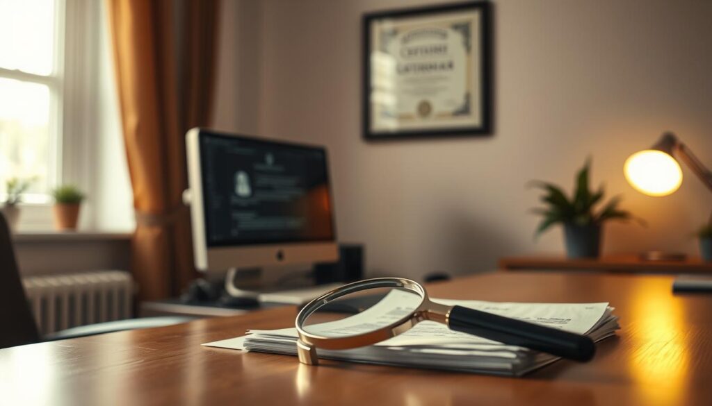 A serene home office setting with a desktop computer, a stack of documents, and a magnifying glass placed prominently on the table. The lighting is soft and warm, creating a contemplative atmosphere. In the background, a framed certificate or award hangs on the wall, symbolizing the importance of protection and security measures. The composition emphasizes the attention to detail and the careful consideration of the subject matter. The overall tone is one of diligence, responsibility, and a commitment to safeguarding one's online activities and financial well-being.