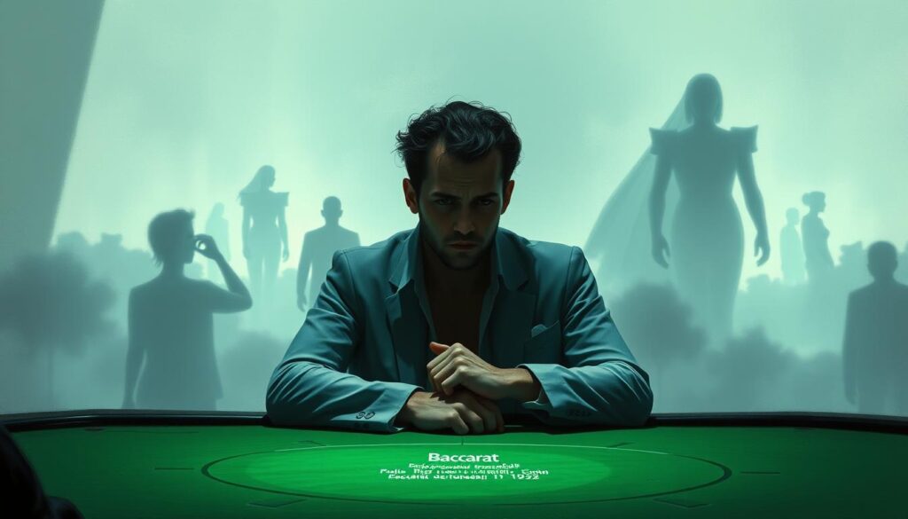 A serene, introspective landscape reflecting the psychological factors at play in the game of Baccarat. In the foreground, a thoughtful player sits at a gaming table, brow furrowed as they contemplate their next move, the green felt casting a calming glow. In the middle ground, shadowy figures represent the emotions and subconscious biases that influence decision-making. The background features a dreamlike, abstract environment, with soft lighting and hazy, ethereal forms symbolizing the intangible mental processes at work. Subtle brushstrokes and a muted color palette evoke a sense of focus, concentration, and the importance of the psychological dimension in this strategic game.