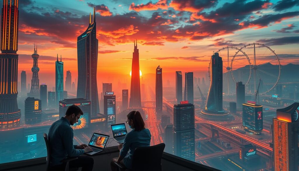 A serene landscape of a bustling online casino, its digital architecture gleaming under the warm glow of a sunset. Towering neon-lit towers and sleek, modern buildings stand tall against a vibrant sky, their intricate facades reflecting the latest advancements in search engine optimization. In the foreground, a trio of diligent developers pore over their laptops, meticulously analyzing web traffic patterns and fine-tuning keywords to drive maximum visibility and engagement. The middle ground is a hive of activity, with algorithms churning, data streams flowing, and the rhythmic pulse of server racks keeping the virtual world alive. In the background, a vast network of interconnected nodes and pathways illustrates the complex ecosystem of search engine optimization, where every element must be strategically aligned to achieve the ultimate goal - elevating the online casino's digital presence and captivating the attention of its target audience.