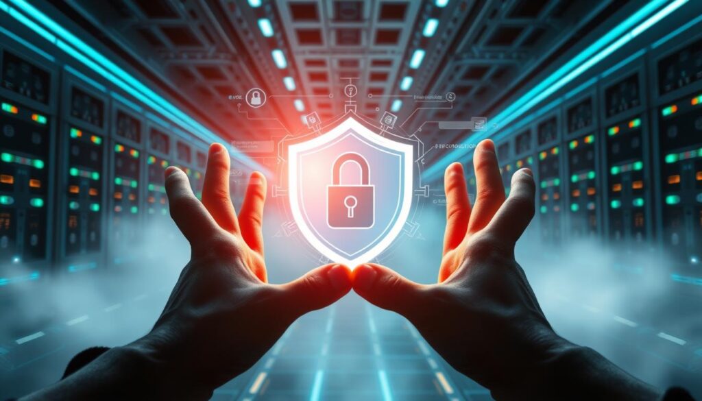 A serene landscape with a futuristic data center in the background, symbolizing the intersection of digital security and data protection. The foreground features a pair of hands forming a protective shield, radiating an aura of safety and reassurance. The middle ground showcases a sleek, high-tech interface with secure transaction indicators and encryption symbols, reflecting the advanced security measures in place. Soft, diffused lighting illuminates the scene, creating a sense of tranquility and reliability. The overall composition conveys the idea of technological sophistication combined with robust safeguards, instilling a sense of trust and confidence.