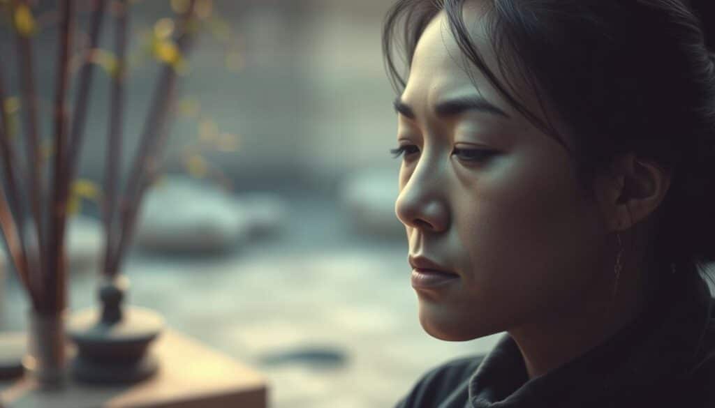 A serene, meditative scene of a person deep in thought, their face reflecting an expression of focus and calm. The subject is set against a softly blurred background, with subtle lighting that casts a warm, contemplative glow. The composition emphasizes the subject's tranquil, centered state of mind, conveying the essence of psychological fortitude and emotional control. Hints of Eastern influences, such as a simple bamboo or stone garden, add to the introspective atmosphere. The scene exudes a sense of balance, inner strength, and a mindful approach to life's challenges.