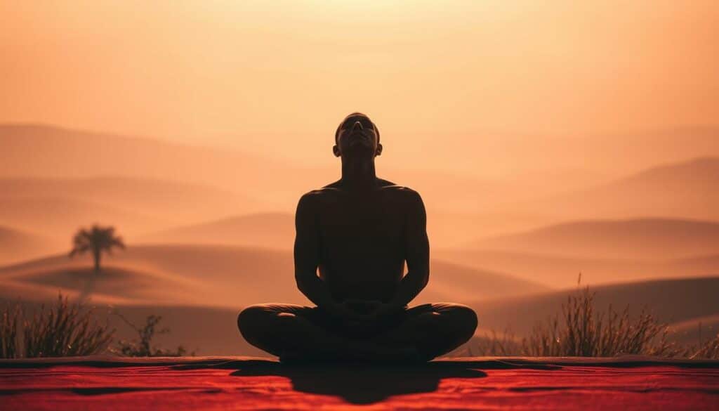A serene mindscape of contemplation, bathed in warm, introspective lighting. In the foreground, a figure sits cross-legged, palms resting gently on their knees, eyes closed in deep meditation. The middle ground features a tranquil landscape of rolling hills, with a solitary tree casting gentle shadows. The background is a hazy, ethereal sky tinged with soft, muted hues, evoking a sense of inner calm and psychological harmony. The overall composition conveys a profound sense of emotional and mental focus, reflecting the psychological factors that shape the experience of the classic Baccarat game.