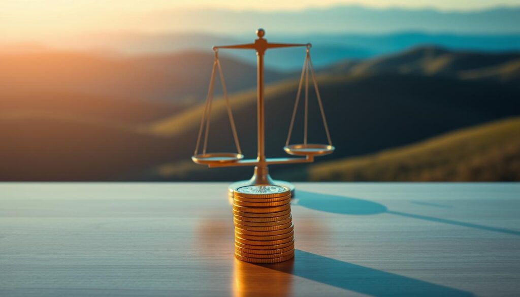 A serene, minimalist composition depicting the art of financial management. In the foreground, a stack of gold coins sits atop a sleek wooden table, bathed in soft, natural lighting. The middle ground features a meticulously balanced scale, symbolizing the careful weighing of investments and expenses. In the background, a tranquil landscape of rolling hills and a deep blue sky, conveying a sense of stability and long-term growth. The overall mood is one of measured control, wisdom, and the pursuit of financial well-being.