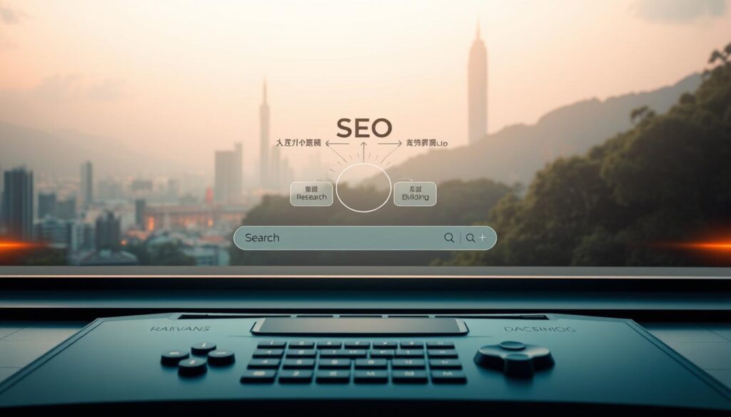 A serene, minimalist composition showcasing the elements of SEO optimization for a Taiwanese online casino. In the foreground, a clean, streamlined search engine interface with intuitive controls and a sleek, modern aesthetic. The middle ground features a stylized diagram depicting the key SEO techniques, such as keyword research, on-page optimization, and link building, all rendered in a sophisticated, infographic-style layout. The background evokes the essence of Taiwan's vibrant technology landscape, with subtle nods to its dynamic urban skyline and lush natural environments. Warm, ambient lighting casts a tranquil glow, conveying a sense of efficiency, focus, and professionalism befitting the subject matter.