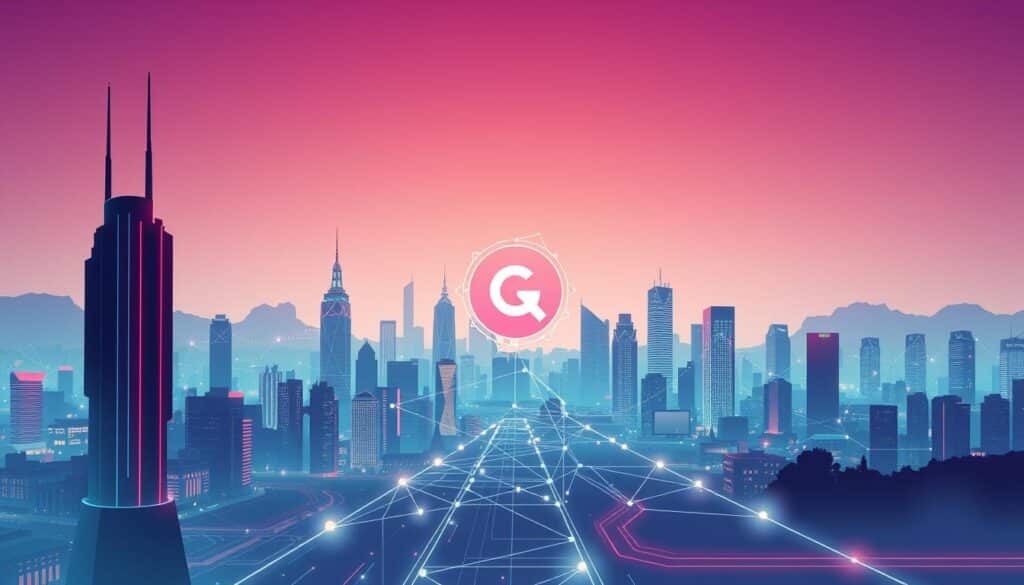 A serene, minimalist illustration depicting the core concepts of SEO for online entertainment hubs. In the foreground, a futuristic city skyline with neon-lit skyscrapers and a central, stylized search engine icon. In the middle ground, a network of interconnected data streams and algorithms, visualized as glowing lines and geometric shapes. In the background, a gradient sky with subtle lighting effects, creating a sense of depth and digital atmosphere. The overall mood is one of technological sophistication, data-driven optimization, and the seamless integration of search engine visibility into the urban landscape of the modern entertainment industry.